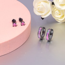 CiNily 2 Pairs Earrings Set Black Gold Plated Purple Opal Small Hoop Stud Earrings Sets for Women Men Huggie Earrings