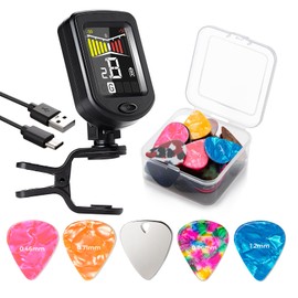 WTEETB 41PCS Guitar Picks Rechargeable Guitar Tuner Clip on Chromatic Digital Tuner Acoustic Guitar Accessories Kit for Guitars Violin, Ukulele, Bass