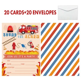 20 Count Fire Truck Party Invitations with Envelopes, Fill-in Fireman Birthday Invitation Cards For Boys, Double Sided Fire Truck Invitations For Kids