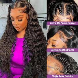 utodoo 28 Inch Deep Wave Lace Front Wigs Human Hair 13x6 Curly HD Transparent Lace Wigs Human Hair 210% Density Pre Plucked with Baby Hair