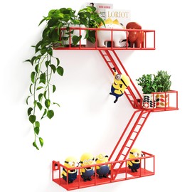 MVPSONAG Fire Escape Shelf - 3 Tier Metal Red Fire Escape Wall Shelves with Baskets, New York Action Figurine Display Shelf, Unique Rustic Floating Decorative Wall Shelves for Any Room