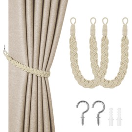 HOTUT Curtain Tiebacks, Pack of 2 Curtain Rope Buckle, Hand Knitted Curtain Tiebacks, Curtain Tiebacks for Home, Office, Living Room, Bedroom, Beige