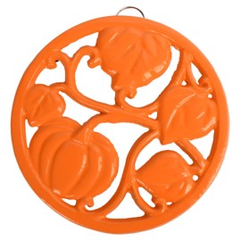 MINLUFUL Cast Iron Trivet for Hot Dishes, Pumpkin Pattern Decorative Trivet for Hot Pots & Pans, Round Metal Heat-Resistant Pad Mat for Protective Countertop, Orange
