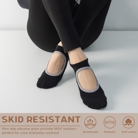 QFM Grip Pilates Socks for Women Non Slip Yoga Socks Open Top Athletic Socks for Barre Ballet Barefoot Workout Hospital (3 Pair-Black)