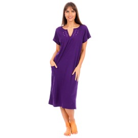 i-Smalls Women’s Short Sleeve Plain Colours Embroidery Jersey 100% Cotton Nightshirt Nightdress (Purple) M