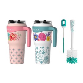 Generic Pioneer Woman Steel Insulated Tumbler Bundle | Brilliant Blooms White, Fancy Flourish Pink | 40 oz Hot & Cold lids | with Bottle and Straw Brush, Teal | 4 Pieces Set