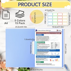 WOOWAIR Pack of 15 A4 Plastic File Folders A4 with Labels Folder Protection Translucent File Folder Plastic Sturdy Coloured Plastic Folder for School Office
