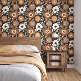 Fvlow Black Floral Peel and Stick Wallpaper Boho,Removable Dark Flower Peel Stick Contact Paper for Cabinets Drawers Bathroom Bedroom Vintage Waterproof Self Adhesive Wall Covering,17.4" X 118"