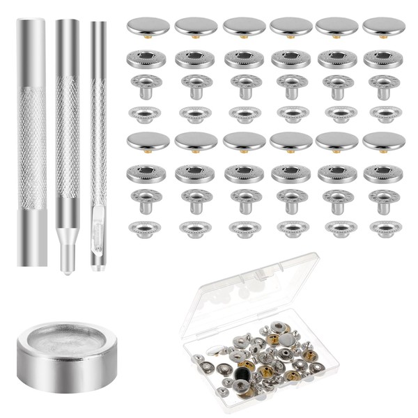 12 Sets Metal Snap Buttons Kit,15mm Heavy Duty Leather Snap Fasteners Kit Press Studs with 4 Install Tools Leather Rivets and Snaps for Clothing, Jeans, Jackets, Bracelets, Bags (Silver)