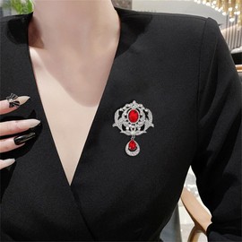 Exquisite Wedding Crystal Teardrop Brooch Pin for Women Bridal Elegant Big Rhinestone Charms Drop Broach Lapel Corsage Delicate Birthday Ceremony Bouquet Costume Accessories (Red CZ)