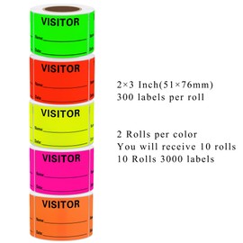 Aleplay Visitor Pass Stickers Name Identification Tag Labels Writable 2×3 Inch Fluorescent, 2 Rolls Per Color, 10 Rolls Total 3000 Stickers