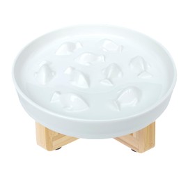 Ceramic Dog Slow Feeder Bowl with Stand, Slow Eating, Healthy Diet, 8.4x3x8.4 inches, 2.0 lbs, Medium, All Life Stages, Bone-White, Feeder for Indoor Pets