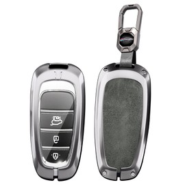 ontto Metal Leather Car Key fob Cover fit for Hyundai Tucson IONIQ 5 Santa Fe Nexo Sonata Palisade Santa Cruz 2021-2024 Key Holder case 3/4/5/6/7/8 buttons keyring Shell keychain accessories Grey 1