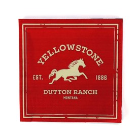Yellowstone (Lunch Napkins), 6.5" Square, Inspired by Hit TV Series, 3-Ply Tissue, Set of 16 Features the Yellowstone Barn, Buffalo Check on the Inside, and Red on the Back Panel with Horse Icon.
