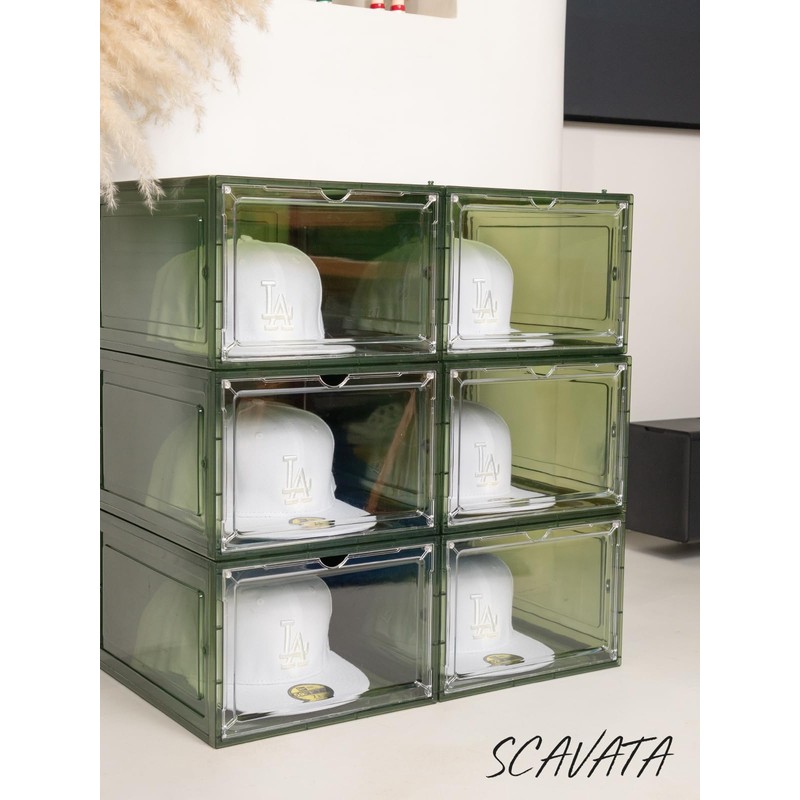 SCAVATA 6 Pack Hat Organizer Box, Stackable Clear Baseball Caps