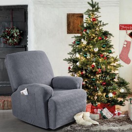 KinCam Recliner Chair Covers, Stretch Reclining Cover, Recliner Sofa Slipcovers Stripe Jacquard Recliner Couch Covers Furniture Protector Covers for Pet Kid (1 Seater, Dark Gray)