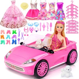 TDDS9 78 Pcs 11.5 Inch Doll Pink Convertible Car Playset, Dress up for Kids Including 11.5 in Girl Doll, Toy Car, 1 Fancy Dress, 3 Regular Dress, 1 Fashion Dress, 71 Accessories