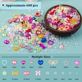 600Pcs 3D Multi Shapes Nail Charms and Flatback Pearls, Colorful&White Mix Styles Heart Star Bow Sunflower Embellishments for Nail Art, Craft and Decoration with Glue Gel, Tweezer and Pickup Pencil