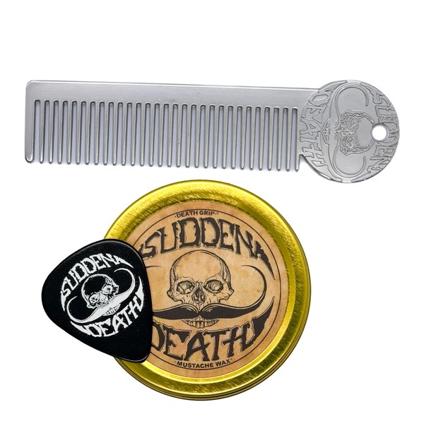 Strong Hold Sudden Death 1 oz Tin & Platinum Death Grip Mustache Comb Mens Combo Kit - Grooming For Men Handlebar Moustache & Beard Wax Tin
