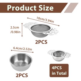 2 Pcs Tea Strainer with Bowl, Stainless Steel Tea Strainer, Loose Fine Mesh Tea Strainer, Loose Leaf Tea Filter, Double Handle Tea Strainer with Carved Handle Design, Ideal for Tea Cups Bowls Teapots