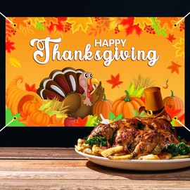 Thanksgiving Banner Decorations Turkey Maple Leaf Pumpkin Home Party Fall Flag Outdoor Decoration Background 72 x 44 Inches (Happy Thanksgiving, 72'' x 44'')