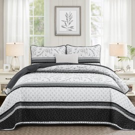 Quilt Set King Size, Black Striped Quilt King Boho Patchwork Leaves Printed Bedspread Coverlet Set with 2 Pillowcases, 3 Piece Soft Lightweight Microfiber Quilt Bedding Set for All Season (104"x90")
