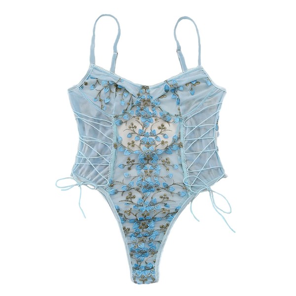 Lilosy - Body sexy con cordones para mujer, con bordado floral, de malla, de una pieza, Azul/claro, XS