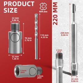 220 mm SDS Plus Extension Shank for Drill Bits Drill Extension for Hollow Drill Bits, M22 Thread, Includes Efficient Concrete Hole Opener Conversion Head and Pilot Drill