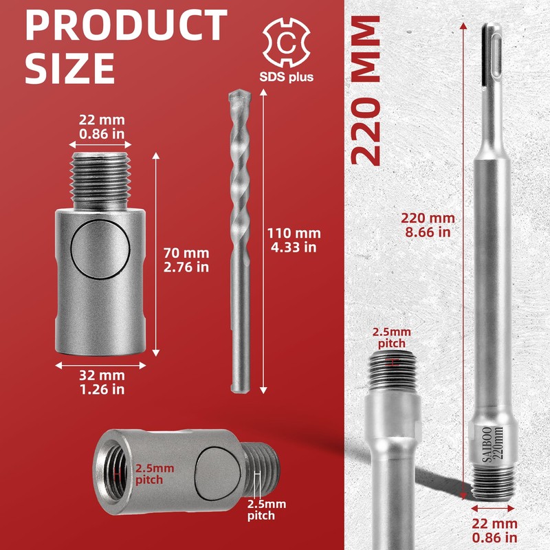 220 mm SDS Plus Extension Shank for Drill Bits Drill