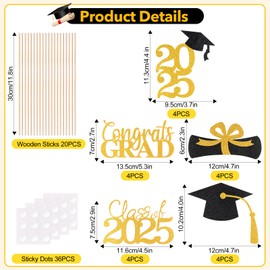 Cyunda Graduation Decorations 2025, 20 PCS Sparkling Black and Gold Double-Sided Centerpiece Sticks for Tables, Class of 2025 Table Toppers and Party Supplies
