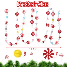Christmas Wooden Bead Garland Christmas Tree Wood Candy Garland Red and White Peppermint Candy Beaded Garland Christmas Tree Decorations for Xmas Party Supplies Holiday Favors (1 Piece,12 Feet)