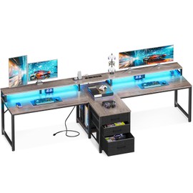 Casaottima 94 Inch 2 Person Home Office Computer Desk with Power Outlet & LED Light, Fabric Drawers & File Cabinet, Long Writing Desk with Monitor Stand, Storage Shelves, Study/Work Table, Grey