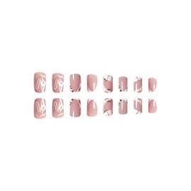 Press on Nails Short Rhinestones Planet False Nails Square Nails Artificial Acrylic Nails Flame Lines Design French Fake Nails Full Cover Reusable Coffin Nails Glue on Nails for Women 24Pcs