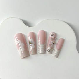 Long Square Press on Nails White French Tip Pink Glue on Nails Rhinestones Acrylic Fake Nails with Flower Design Glue on Full Cover Artificial Gel False Stick on Nail for Girls Women Party 24Pcs