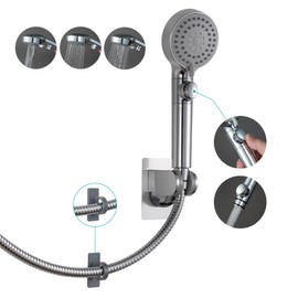 GwernKB RV Shower Head with Hose,5-mode High Pressure Shower Head with On Off Switch Water Saving for Camper, No Drilling Wall Mount Handheld Shower Holder and Adhesive Hose Guide Ring (Silver)