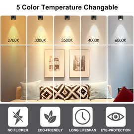 LED Ceiling Spotlight 5CCT 2700K/3000K/3500K/4000K/6000K Selectable Dimmable,Spot Light Indoor Adjustable Flush Mount Lights Fixture 12W CRI 90+, Tilt Angle Accent Lighting, Black 2 Packs