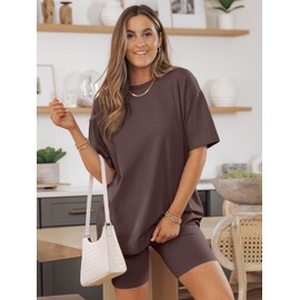 AUTOMET Womens 2 Piece Sets Summer Outfits 2025 Two Piece Lounge Set Matching Clothing Oversized Tshirts Biker Short Fashion Brown S