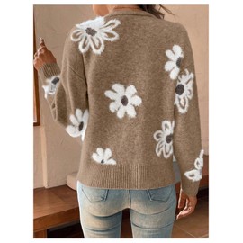 SHENHE Women's Floral Print Button Down Cardigan V Neck Drop Shoulder Knit Outerwear Khaki X-Small