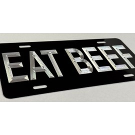 Silver Engraved Eat Beef Black Car Tag Diamond Etched Metal Front License Plate