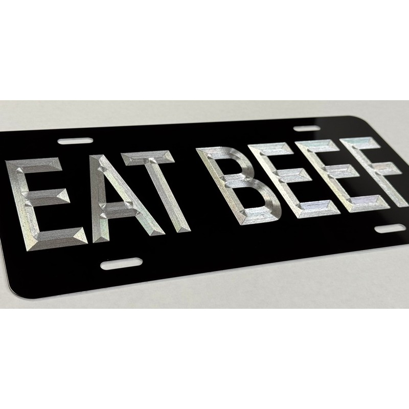 Silver Engraved Eat Beef Black Car Tag Diamond Etched Metal