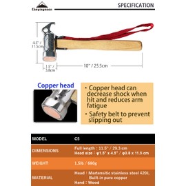 CAMPINGMOON Camping Hammer Peg Tent Stake Hammer Stainless Steel Built-in Pure Copper Head Wood Hand with Tent & Tarp Stake Remover C5