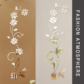 LELE LIFE Flower Vine Acrylic Mirror Wall Stickers, Elegant Mirror Setting Wall Sticker, Wall Sticky Mirror Wall Decoration for Home Living Room Bedroom Decor, Silver