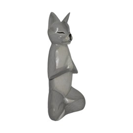 Brave Wings Hand Carved Wooden Cat ~ Meditating Grey Cat 25cm High ~ Ornament Sculpture Figurine Statue Unique Table Decoration Home Decor ~ 5170