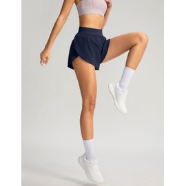 Soothfeel - Pantalones cortos deportivos de cintura alta para correr para mujer, pantalones cortos de delfín con división alta, secado rápido, pantalones cortos de entrenamiento con forro, marino,, G