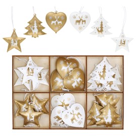 Valery Madelyn 18pcs Traditional Gold and White Christmas Tree Decorations, Metal Christmas Hanging Pendants, Xmas Tree Ornaments with Tree, Star and Heart Patterns for Gift Tag, 2.1inch / 5.3cm