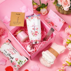Hushee Christian Gifts Set for Women Religious Birthday Gifts Basket Box for Women Faith Spiritual Inspirational Catholic Gift Bible Verse Tumbler Makeup Bag Candle for Mother's Day Teacher Mom Nurse