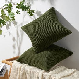Topfinel Cushion Cover, 50 x 50 cm, Olive Green Corduroy, Set of 2, Striped Pattern, Cushion Covers, Decorative Cushion Covers for Living Room