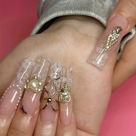 IMRAIN Press on Nails Long Square Fake Nails Nude Glossy Glue on Nails Full Cover White Lace Flower False Nails with Golden Charms & Pearl Heart Designs Cute Acrylic Nail Supplies 24Pcs