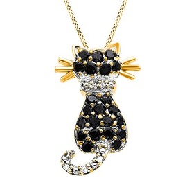 AFFY Simulated Black & White Cubic Zirconia Cat Charm Pendant Necklace in 14k Yellow Gold Over Sterling Silver