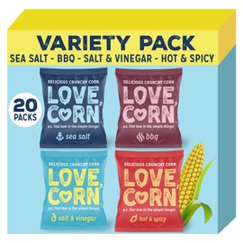 LOVE CORN Fab Four - Sea Salt, BBQ, Salt & Vinegar, Hot Spicy 0.7oz x 20 Delicious Crunchy Corn Healthy Family Snacks Gluten Free, Kosher, NON-GMO Alternative for Chips, Nuts, Crackers Pretzels